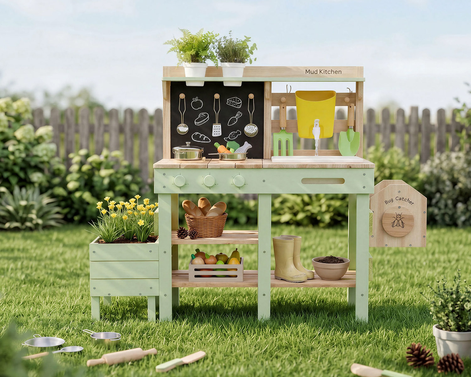 Green outdoor mud kitchen with planter box, water play area and bug catcher for kids backyard nature play